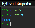 différence dans la console entre >>> a = 5 qui n'affiche rien et >>> a == 5 qui affiche True