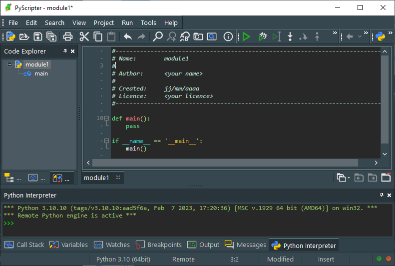 Fenêtre PyScripter avec la fonction main() par défaut