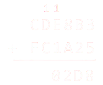 Exemple d'addition posée en hexadécimal : CDE8B3 + FC1A25