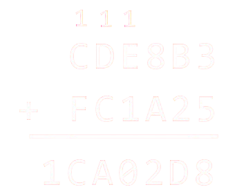 Exemple d'addition posée en hexadécimal : CDE8B3 + FC1A25