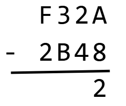 Exemple de soustraction posée en hexadécimal : F32A-2B48