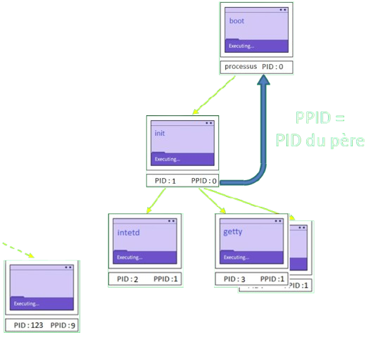 Création de processus initial, processus fils et utilisateur