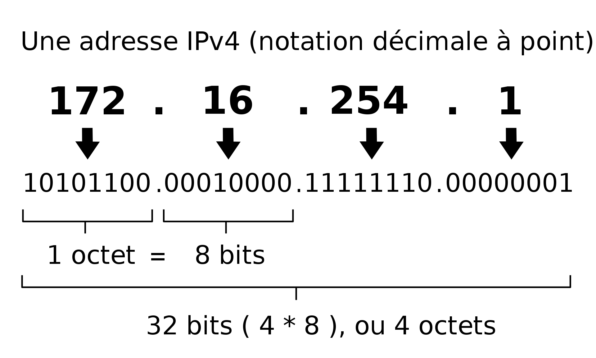 Adresse IPv4 représentée avec des chiffres décimaux et binaires. Source: wikipedia